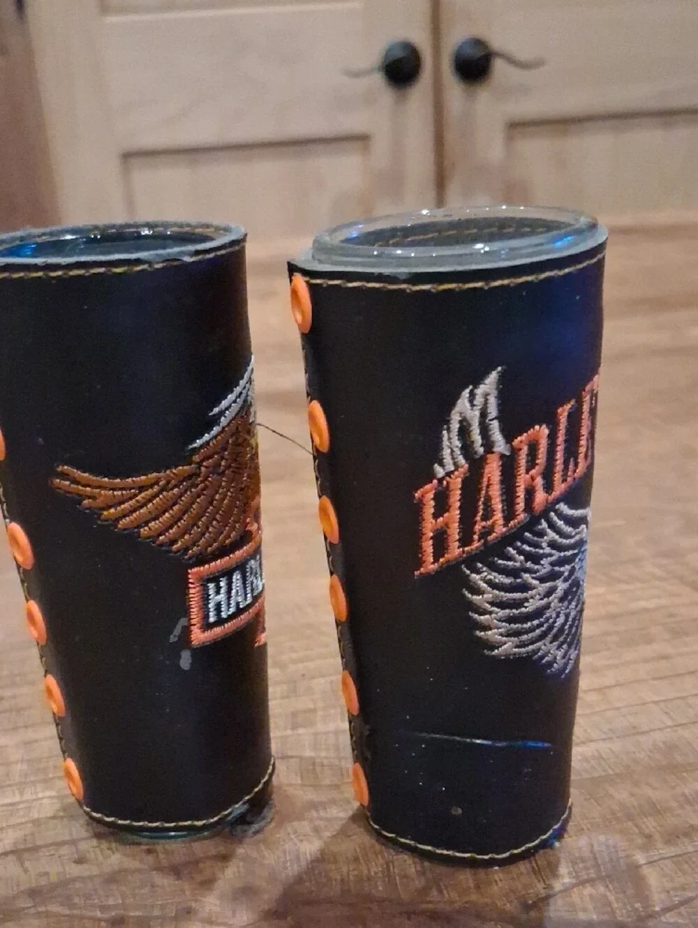 Harley-Davidson Black Leather Shot Glass Covers with Orange & White Embroidery